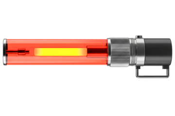 Red signal safety flashlight with glowing yellow light isolated on a transparent background