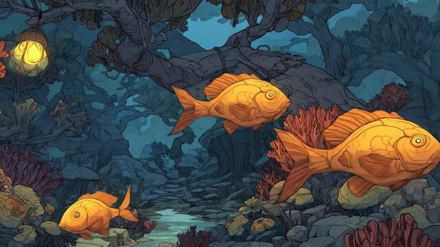 Fantasy illustration of an underwater scene with fish and coral elements