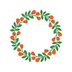 Naklejka premium Vibrant hand drawn floral wreath illustration with blooming buds and green leaves for festive decoration vector