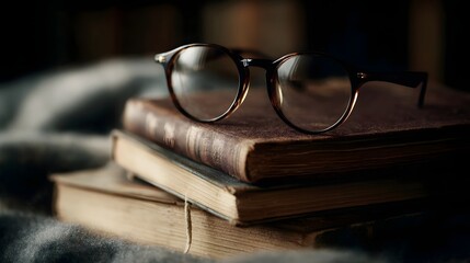 A pair of vintage glasses rests on a stack of old books in a warm atmospheric setting