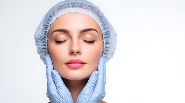 Young woman with eyes closed, doctor in gloves examining face before facial surgery. Concept: Preoperative consultation, cosmetic surgery, facial care, medical examination, and aesthetic procedure. - Powered by Adobe