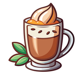 A rich, creamy, and comforting warm beverage served in a clear glass mug, garnished with whipped cream and fresh green leaves, perfect for a cozy moment
