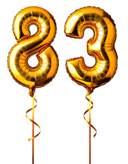 数字の83の形の金色の風船とリボン（Number 83 gold foil balloon on white background）
