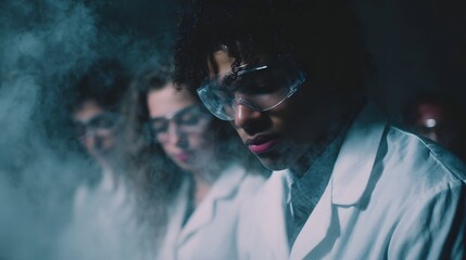Students in lab coats and safety goggles conduct a chemistry experiment with atmospheric smoke in a laboratory