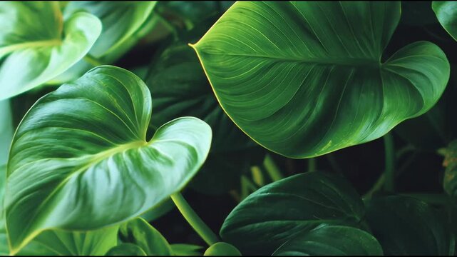 Lush green heart-shaped plant leaves, detailed close-up of healthy vibrant foliage and natural texture.