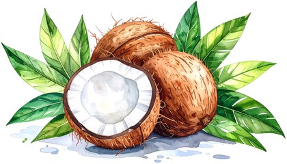 Artistic watercolor rendering of three coconuts, two whole, one halved