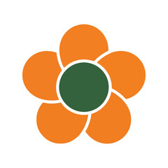 Vibrant orange five petal flower icon with green center simple geometric design nature symbol vector