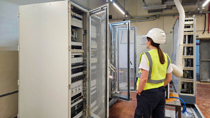 Female engineer checking control racks and network equipment in industrial automation system room