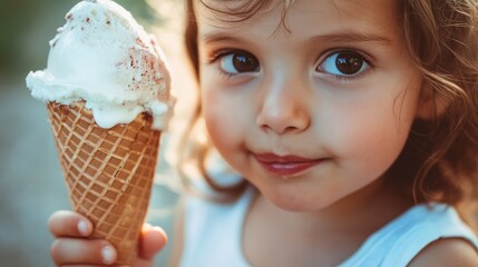 A child holding a giant ice cream cone, a sweet expression on their face 