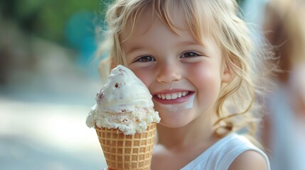 A child holding a giant ice cream cone, a sweet expression on their face 