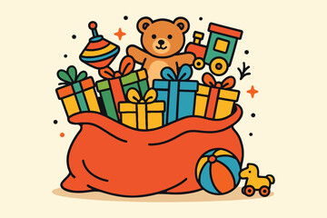 A colorful overflowing sack filled with classic children s toys and gifts for christmas