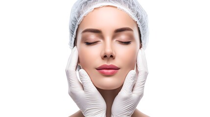 Young woman with eyes closed, doctor in gloves examining face before facial surgery. Concept: Preoperative consultation, cosmetic surgery, facial care, medical examination, and aesthetic procedure.