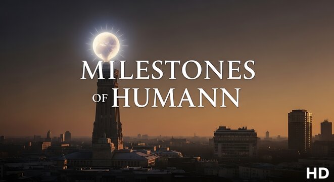 Dramatic cityscape featuring illuminated tower with the text milestones of humann
