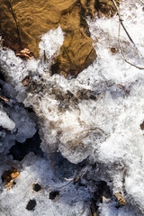 Winter ice background. Frozen water texture, macro view. Frost river close up, top view. Ice on flowing river.