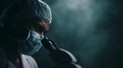 A focused scientist wearing a protective mask and hair net peers intently through a microscope in a dark atmospheric laboratory