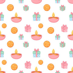 Diwali festival seamless pattern with diyas and gifts.