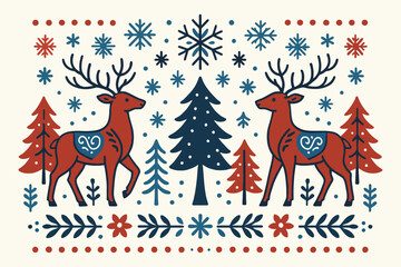 Fototapeta premium Whimsical folk art christmas design featuring two reindeer and festive trees with snowflakes
