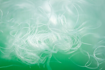 Extreme macro of polyester stable fiber on green background. Selective focus, shallow depth of field. Abstract dreamy background