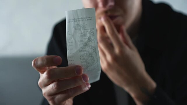 A receipt for non-payment.
A person was presented with an invoice with a debt.
A receipt for purchases and payment for goods and services.
The person looks at the receipt and sees what they bought.