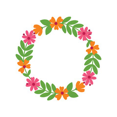 Vibrant floral wreath circle spring summer decoration with green leaves and colorful flowers isolated vector
