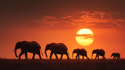 Silhouetted Elephant Family Walking Towards Sunset, African Savannah Scene.