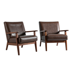 Two leather armchairs, brown with wooden frames, staged against a black backdrop