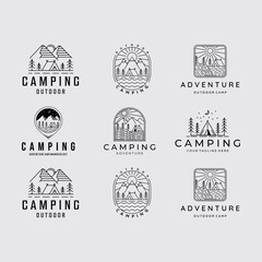Camping And Adventure Logo Set With Mountains, Tents, And Forest Scenes For Branding