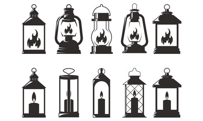 Collection Of Vintage Lanterns With Candles And Flames For Rustic Cozy Lighting Decor