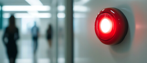 Emergency Alert: A red alarm light illuminates in a modern hallway, signaling an urgent situation. Silhouetted figures fade into the background, adding to the sense of alarm.