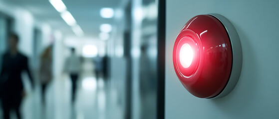 Emergency alert: illuminated red alarm beacon mounted on a wall in a public building. Blurred figures walk down the corridor, oblivious to the danger signal.