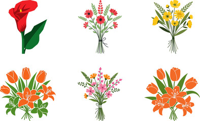 Vibrant hand drawn floral arrangements collection beautiful spring summer bouquets isolated vector