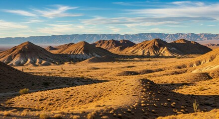 Fototapeta premium Wide panoramic desert landscape under blue sky, soft clouds over dry sand and rocky hills in the distance