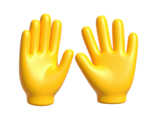 Two yellow, 3D-rendered hands in a waving position, palms facing outward
