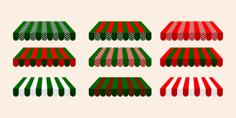 Colorful Market Awnings: Green, Red and White Striped Canopies in Array Set of Stalls Visuals