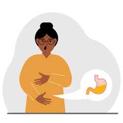 The concept of pain in the abdomen. The woman holds his stomach with both hands. Problems with the stomach or digestion.