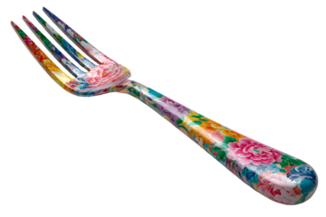 A highly unique metal fork featuring a glossy, intricate Asian-style floral pattern in vibrant colors. Ideal for oriental dining themes, artistic cutlery, or bold food mockups.