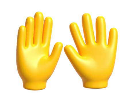 Two yellow, 3D-rendered hands in a waving position, palms facing outward