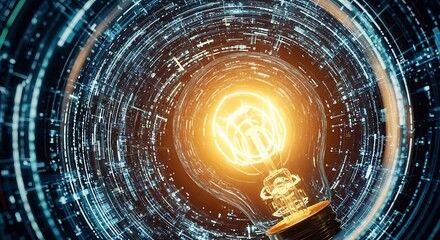 Glowing lightbulb with abstract digital data stream innovation and technology