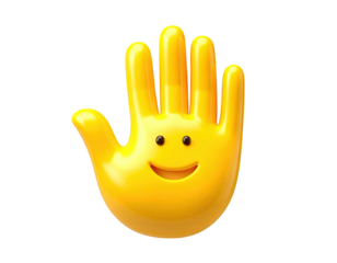 A glossy, stylized yellow hand emoji with a cheerful, smiling face and open palm, isolated