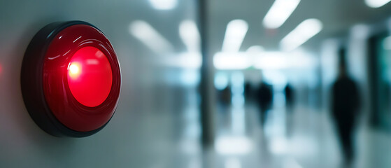 Emergency Alert: A bright red alarm light glows urgently in a stark hallway, signaling danger or urgency amidst blurred figures, demanding immediate attention and vigilance.