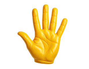 A sculpted, golden hand gesture, palm facing upwards, fingers spread on a stark black background