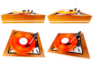 Collection of images with vintage stereo turntable vinyl record player isolated on white background