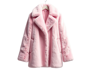 Elegant, light pink faux fur coat on a hanger against a plain black background, studio style