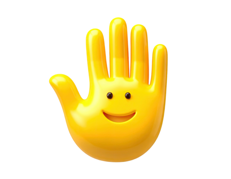 A glossy, stylized yellow hand emoji with a cheerful, smiling face and open palm, isolated