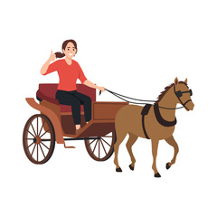 Woman Riding Horse Carriage. Flat vector illustration isolated on white background