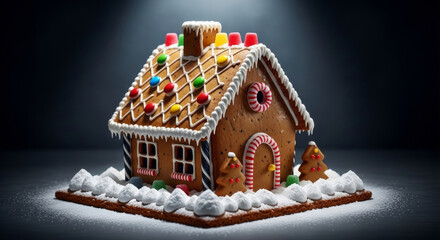 Beautifully decorated gingerbread house with colorful candies, icing details, and gumdrops on roof, surrounded by powdered sugar snow and festive decorations, creating cozy holiday atmosphere