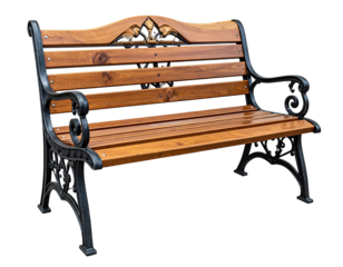 A detailed view of an empty park bench with wooden seat and back, and ornate metal arms and legs