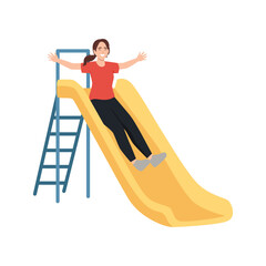 Woman Sliding on Playground Slide. Flat vector illustration isolated on white background