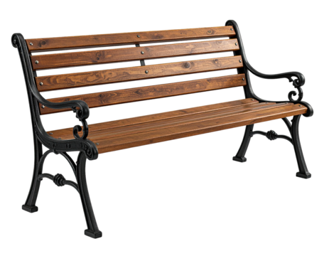 A wooden bench featuring dark cast iron legs, arms, and back supports, on a black background