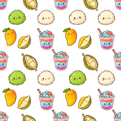 Kawaii Food Pattern with Mango Durian and Dessert Illustrations.